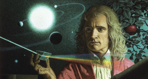 portrait de Newton avec un prisme diffractant un rayon lumineux